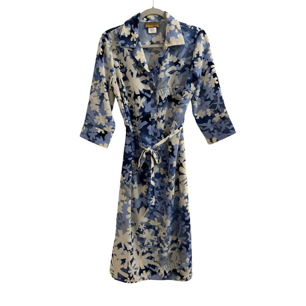 Vintage 70s Blue White Floral Button Down Midi Shirt Dress 6